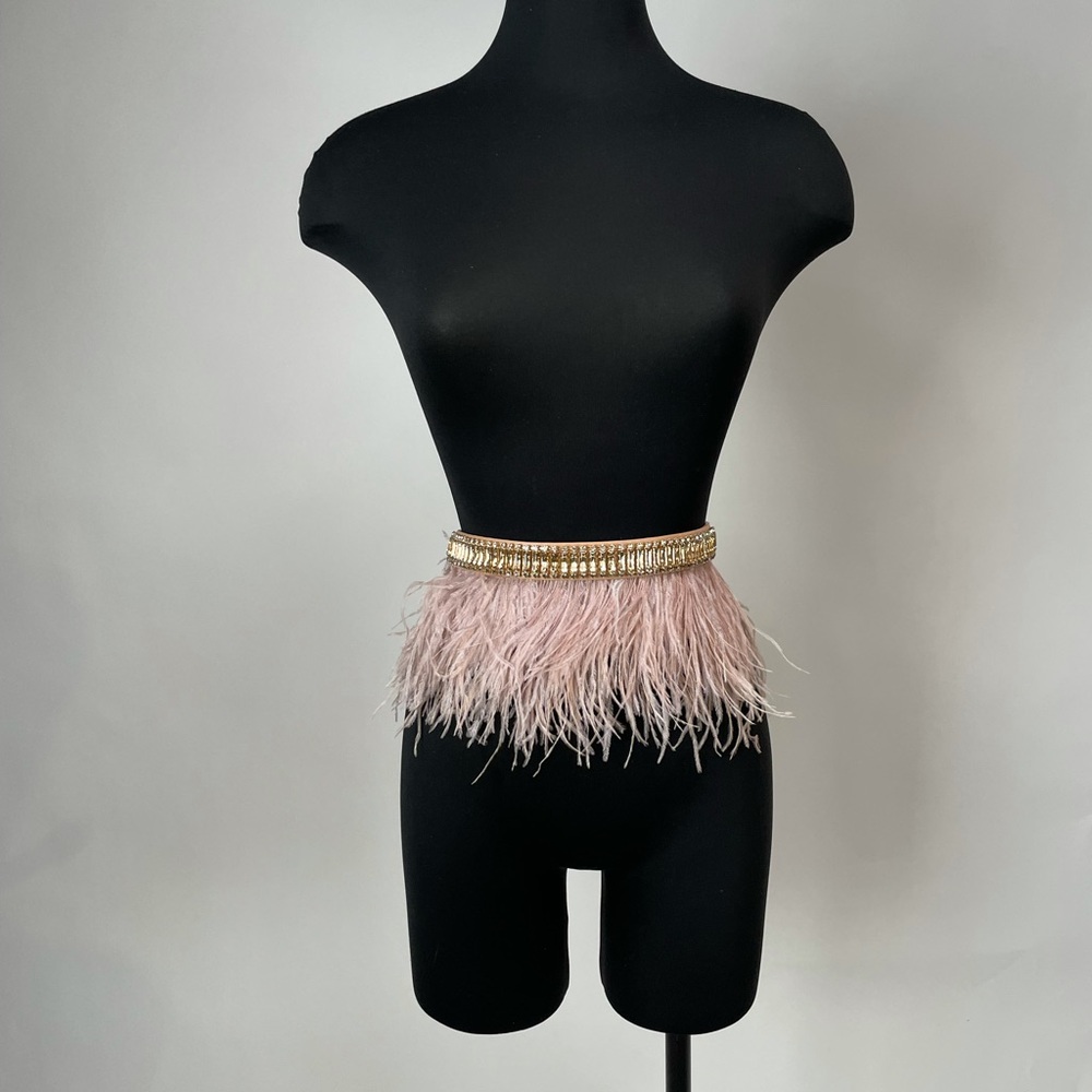 BCBG ostrich feather belt, light pink with champagne crystals